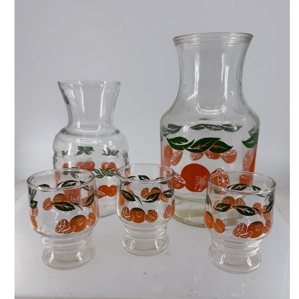 Vintage Anchor Hocking Oranges & Blossoms Glass Juice Carafe Set 2 Pitcher/3 Cup